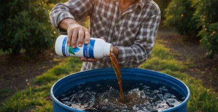 Agricultor preparando una mezcla en tanque (cilindro azul), vertiendo coadyuvante agrícola 3 aguas de la marca Bioactivador para corregir la dureza del agua antes de agregar los agroquímicos.