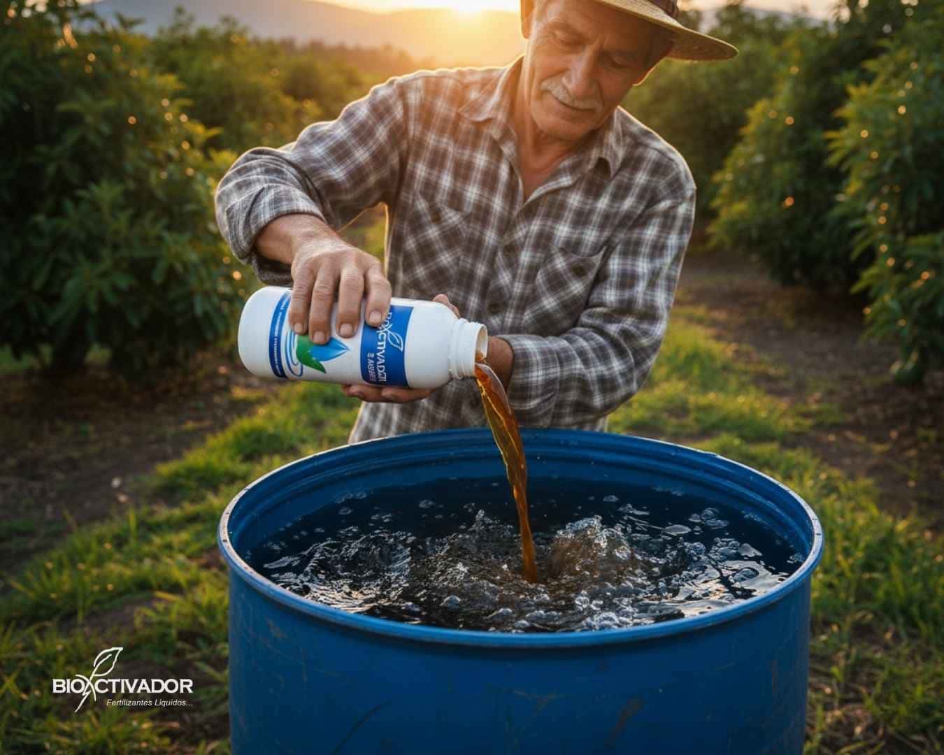 Agricultor preparando una mezcla en tanque (cilindro azul), vertiendo coadyuvante agrícola 3 aguas de la marca Bioactivador para corregir la dureza del agua antes de agregar los agroquímicos.