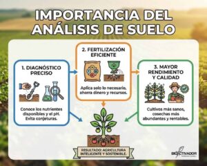 Infografía sobre la importancia del análisis de suelo: proceso de diagnóstico nutricional preciso (pH/nutrientes), estrategia de fertilización eficiente para ahorro de costos y resultado en mayor rendimiento y calidad de cosecha.