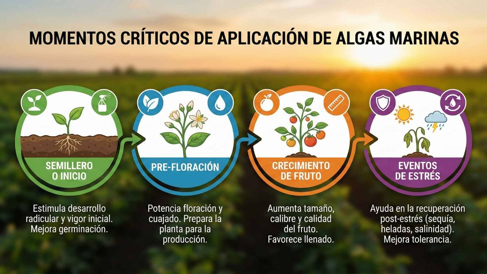 Infografía de los 4 momentos críticos para aplicar algas marinas: Semillero (enraizamiento), Pre-floración (cuajado), Crecimiento de Fruto (calibre) y recuperación ante Eventos de Estrés (heladas/sequía).