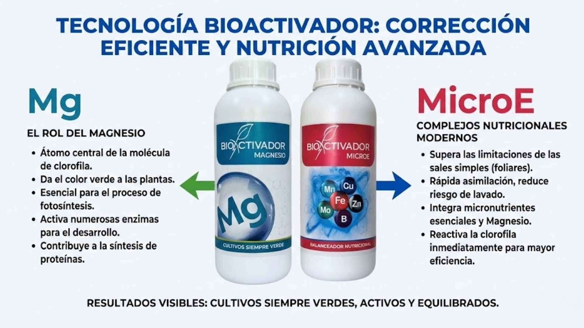 Gama de fertilizantes correctores: Bioactivador Mg (Magnesio para síntesis de clorofila) y MicroE (Complejo de microelementos), detallando su tecnología de absorción eficiente frente a sales simples.