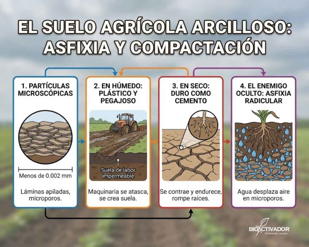 Infografía de las características físicas del suelo arcilloso: partículas microscópicas que causan compactación, comportamiento plástico en húmedo (atasco de maquinaria), dureza tipo cemento en seco y asfixia radicular por falta de aire.