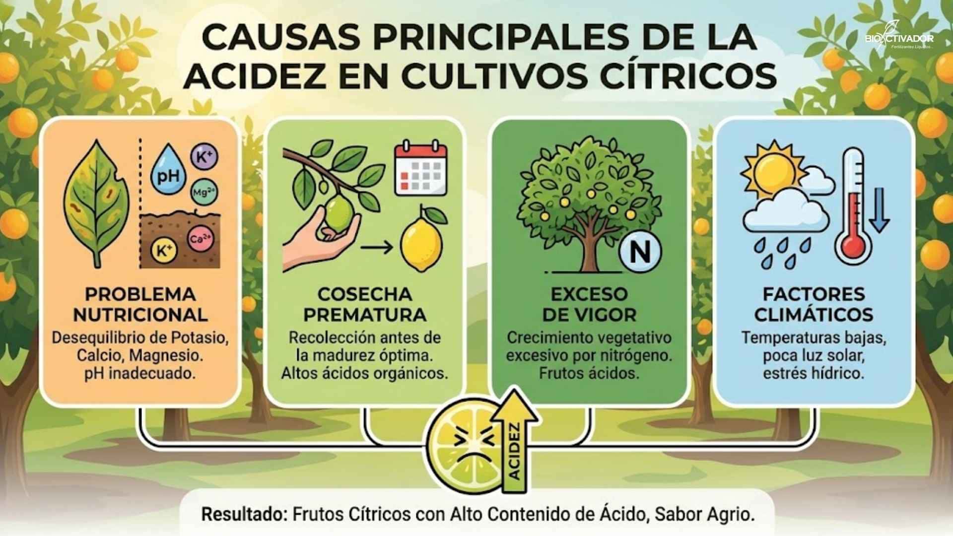 Infografía de las 4 causas principales de la acidez en cítricos: Problema Nutricional (falta de Potasio), Cosecha Prematura, Exceso de Vigor (abuso de Nitrógeno) y Factores Climáticos (frío/falta de sol).