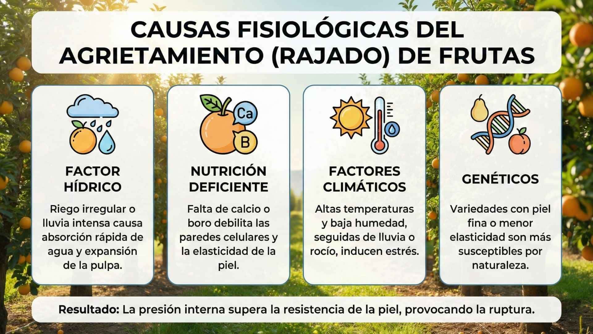 Infografía de las 4 causas principales del agrietamiento de frutos (cracking): Desbalance Hídrico (riego irregular), Nutrición Deficiente (falta de Calcio/Boro), Factores Climáticos (golpes de calor) y predisposición Genética de la variedad.