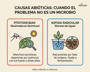 Causas abióticas de enfermedad en plantas: Fitotoxicidad (quemadura química por pesticidas) y Asfixia Radicular (raíz podrida por exceso de agua).