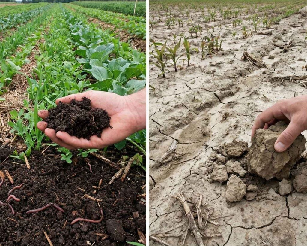 Comparación visual directa de la salud de los suelos: A la izquierda, un suelo fértil, oscuro y con estructura grumosa (suelto) gracias a Buenas Prácticas Agrícolas; a la derecha, un suelo degradado, pálido, agrietado y compactado por exceso de químicos y falta de materia orgánica.