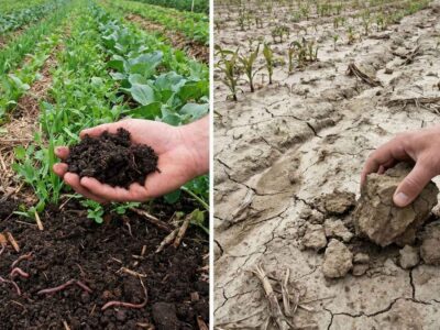 Comparación visual directa de la salud de los suelos: A la izquierda, un suelo fértil, oscuro y con estructura grumosa (suelto) gracias a Buenas Prácticas Agrícolas; a la derecha, un suelo degradado, pálido, agrietado y compactado por exceso de químicos y falta de materia orgánica.