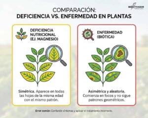 Infografía comparativa de enfermedades: Diferencias visuales entre deficiencia nutricional (patrón simétrico) y enfermedad biótica por hongos o bacterias (manchas asimétricas).