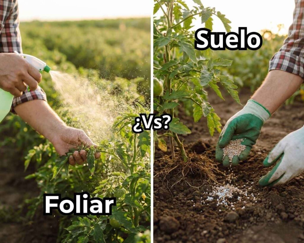 Imagen comparativa entre fertilización foliar vs suelo: a la izquierda agricultor aplicando Fertilizante Foliar (spray en hojas) y a la derecha aplicando Fertilizante al Suelo (granulado en raíces), ilustrando las dos vías de nutrición.