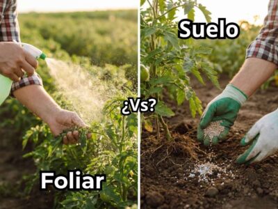 Imagen comparativa entre fertilización foliar vs suelo: a la izquierda agricultor aplicando Fertilizante Foliar (spray en hojas) y a la derecha aplicando Fertilizante al Suelo (granulado en raíces), ilustrando las dos vías de nutrición.