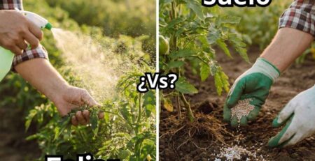 Imagen comparativa entre fertilización foliar vs suelo: a la izquierda agricultor aplicando Fertilizante Foliar (spray en hojas) y a la derecha aplicando Fertilizante al Suelo (granulado en raíces), ilustrando las dos vías de nutrición.