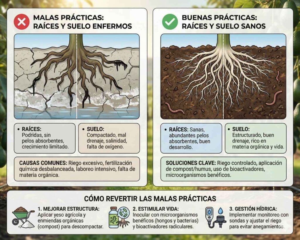 Infografía comparativa de Malas Prácticas Agrícolas (suelo compactado, raíces con asfixia radicular) versus Buenas Prácticas (suelo vivo, raíces sanas) para la nutrición eficiente del Palto.
