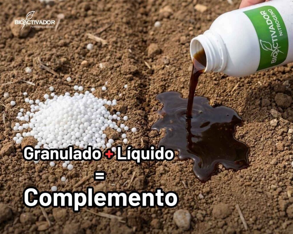 Imagen de portada mostrando la aplicación simultánea de Nitrógeno Granulado (Urea/blanco) y Nitrógeno foliar (líquido) (Bioactivador/oscuro) en suelo, ilustrando su función como complemento nutricional para máxima eficiencia.