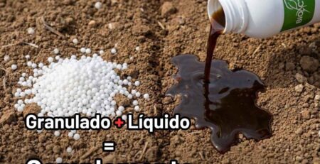 Imagen de portada mostrando la aplicación simultánea de Nitrógeno Granulado (Urea/blanco) y Nitrógeno foliar (líquido) (Bioactivador/oscuro) en suelo, ilustrando su función como complemento nutricional para máxima eficiencia.