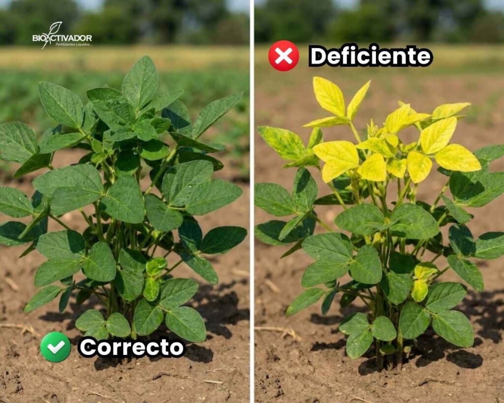 Comparación visual en cultivo de soja: planta sana a la izquierda versus planta con deficiencia a la derecha, mostrando la clorosis en hojas nuevas que evidencia la falta de azufre en la agricultura.