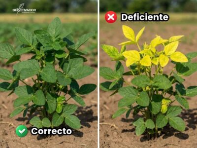 Comparación visual en cultivo de soja: planta sana a la izquierda versus planta con deficiencia a la derecha, mostrando la clorosis en hojas nuevas que evidencia la falta de azufre en la agricultura.