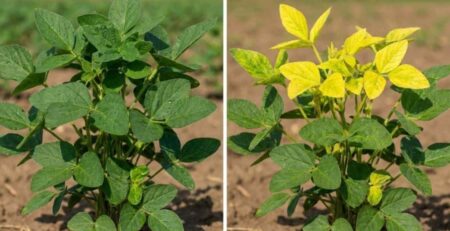 Comparación visual en cultivo de soja: planta sana a la izquierda versus planta con deficiencia a la derecha, mostrando la clorosis en hojas nuevas que evidencia la falta de azufre en la agricultura.