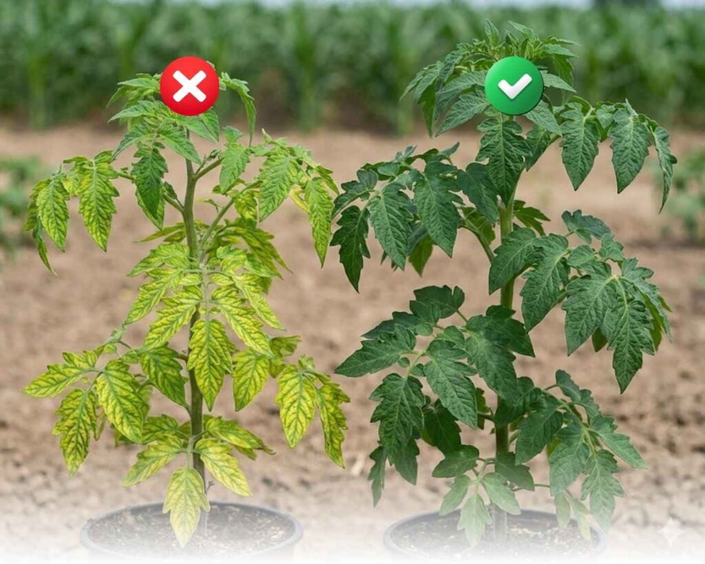 Comparación visual de una planta de tomate sana frente a una con deficiencia, mostrando la severa clorosis intervenal en hojas viejas que evidencia la falta de magnesio en las plantas.