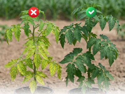 Comparación visual de una planta de tomate sana frente a una con deficiencia, mostrando la severa clorosis intervenal en hojas viejas que evidencia la falta de magnesio en las plantas.