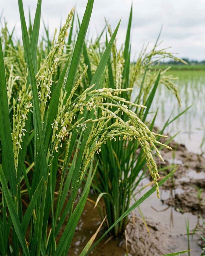 Primer plano de panículas de arroz en plena etapa de floración (antesis), mostrando las anteras blancas expuestas liberando polen para la polinización y fertilización del grano.