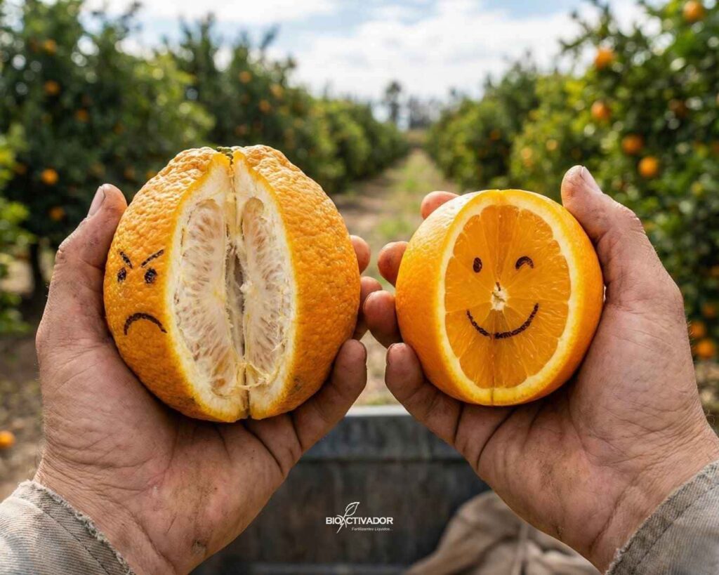Primer plano comparativo de dos mitades de naranja (frutos ácidos): una seca y ácida con "cara triste" versus una jugosa y dulce con "cara feliz", ilustrando la diferencia de Grados Brix y calidad interna en cítricos.