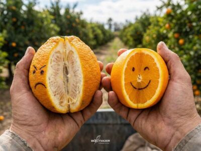 Primer plano comparativo de dos mitades de naranja (frutos ácidos): una seca y ácida con "cara triste" versus una jugosa y dulce con "cara feliz", ilustrando la diferencia de Grados Brix y calidad interna en cítricos.