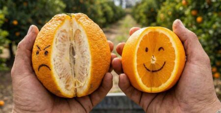 Primer plano comparativo de dos mitades de naranja (frutos ácidos): una seca y ácida con "cara triste" versus una jugosa y dulce con "cara feliz", ilustrando la diferencia de Grados Brix y calidad interna en cítricos.