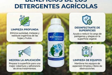 Infografía de los 4 usos del Detergente Agrícola (Deter Eco): Limpieza profunda de melaza y fumagina en hojas, desinfección de superficies, mejora de cobertura y mantenimiento de equipos de fumigación.