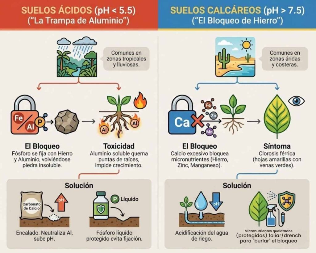 Infografía comparativa de disponibilidad de nutrientes según el pH: Suelos Ácidos (pH < 5.5) con toxicidad de Aluminio y bloqueo de Fósforo, versus Suelos Calcáreos (pH > 7.5) con bloqueo de Hierro (clorosis) y micronutrientes por exceso de carbonatos.