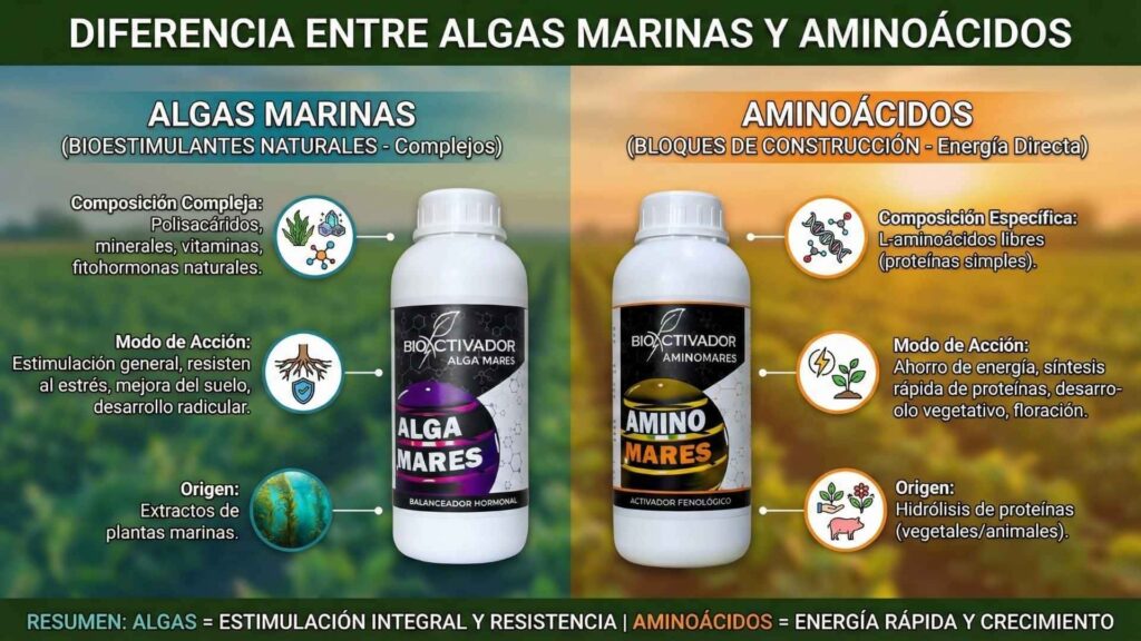 Cuadro comparativo de las diferencias entre Algas Marinas (Alga Mares) y Aminoácidos (Amino Mares/Fruto): tabla que contrasta el modo de acción fisiológico (hormonal) versus el aporte de energía rápida (estructural).