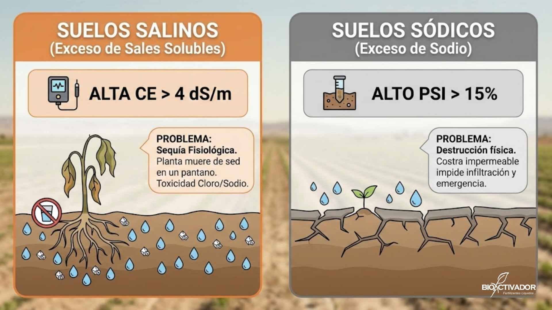 Infografía comparativa de problemas químicos: Suelos Salinos (exceso de sales solubles, Alta CE > 4 dS/m, causa sequía fisiológica) versus Suelos Sódicos (exceso de Sodio, Alto PSI > 15%, causa destrucción de estructura e impermeabilidad).