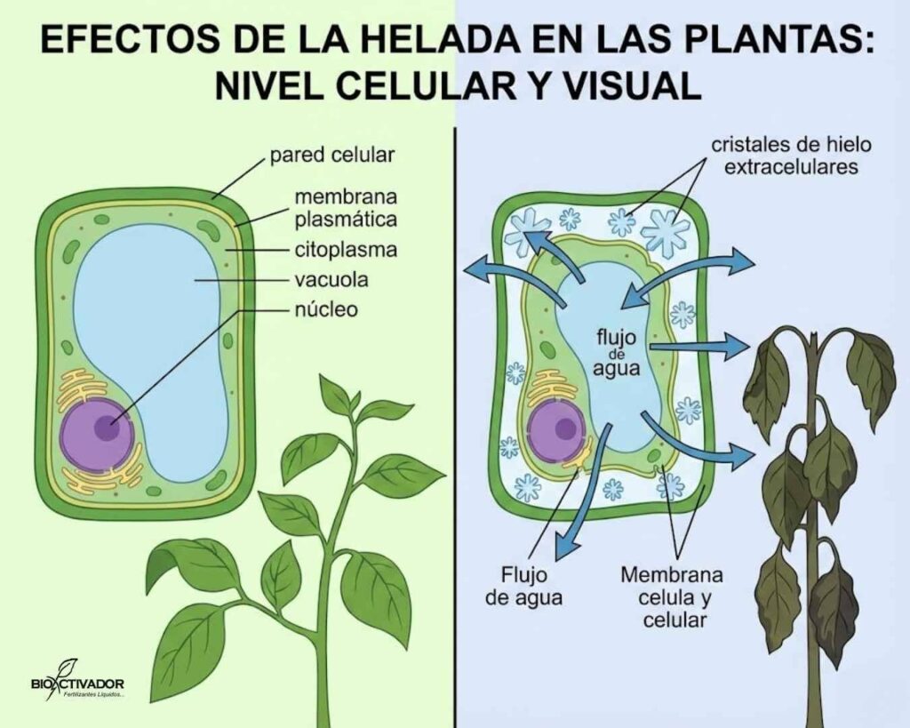 Infografía comparativa del efecto celular de la helada en plantas: izquierda (célula sana turgente) versus derecha (célula dañada) mostrando cristales de hielo extracelulares, salida de agua y deshidratación que causa la muerte del tejido.