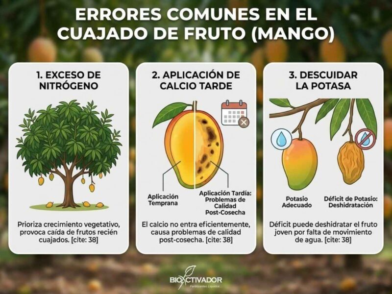 Errores-Comunes-Cuajado-Mango-Nitrogeno-Calcio-Potasio Infografía de errores comunes en el cuajado de mango: 1. Exceso de Nitrógeno (caída de fruta por vicio), 2. Aplicación tardía de Calcio (problemas de calidad) y 3. Falta de Potasio (deshidratación del fruto joven).