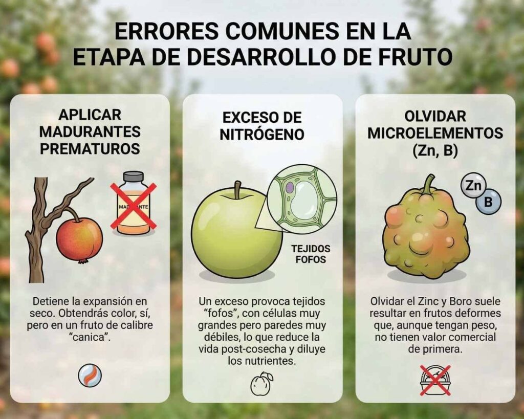 Infografía de los 3 errores comunes en el desarrollo del fruto: 1. Uso de madurantes prematuros (detiene el crecimiento, calibre pequeño), 2. Exceso de Nitrógeno (fruta fofa, mala post-cosecha) y 3. Falta de Zinc y Boro (frutos deformes sin valor comercial).