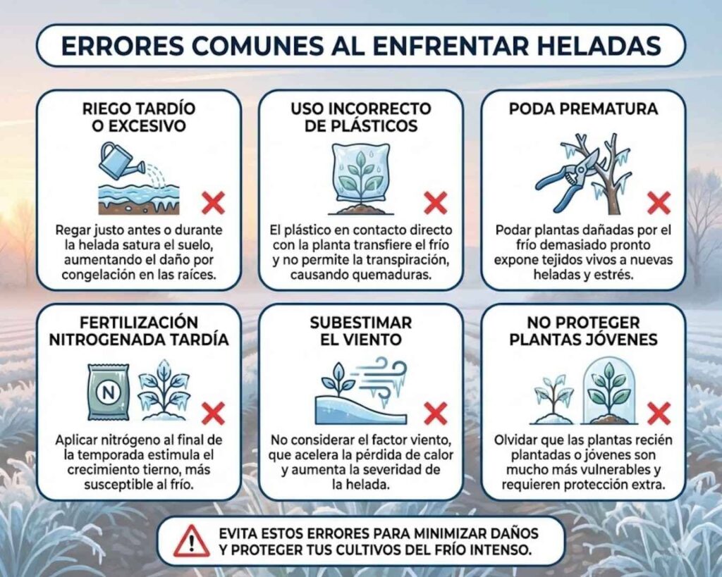 Infografía de errores comunes al proteger cultivos de heladas: riego tardío, poda prematura, uso incorrecto de plásticos y fertilización con nitrógeno fuera de tiempo que aumenta el daño por frío.