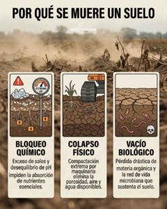 Infografía de los 3 factores principales de degradación del suelos: Bloqueo Químico (exceso de sales/pH), Colapso Físico (compactación por maquinaria) y Vacío Biológico (pérdida de materia orgánica y microbios).