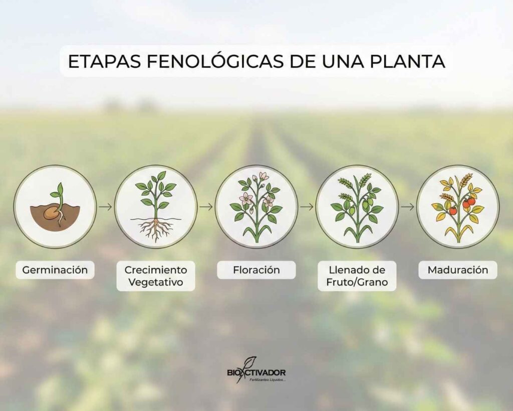 Infografía lineal que ilustra las 5 etapas fenológicas clave de un cultivo agrícola: Germinación, Crecimiento Vegetativo, Floración, Llenado de Fruto y Maduración.