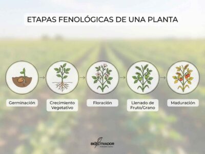 Infografía lineal que ilustra las 5 etapas fenológicas clave de un cultivo agrícola: Germinación, Crecimiento Vegetativo, Floración, Llenado de Fruto y Maduración.