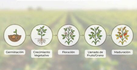 Infografía lineal que ilustra las 5 etapas fenológicas clave de un cultivo agrícola: Germinación, Crecimiento Vegetativo, Floración, Llenado de Fruto y Maduración.