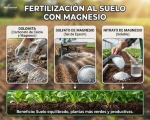 Comparativa de fuentes de fertilización magnésica al suelo: Dolomita (enmienda para pH), Sulfato de Magnesio (Sal de Epsom estándar) y Nitrato de Magnesio (alta solubilidad para fertirriego).