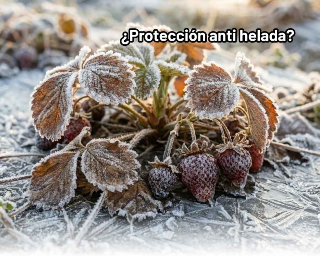 Campo de cultivo cubierto de escarcha blanca y hielo debido a una helada intensa al amanecer, demostrando la necesidad de aplicar un antihelada agrícola para evitar el riesgo de pérdida de cosecha.