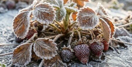 Campo de cultivo cubierto de escarcha blanca y hielo debido a una helada intensa al amanecer, demostrando la necesidad de aplicar un antihelada agrícola para evitar el riesgo de pérdida de cosecha.