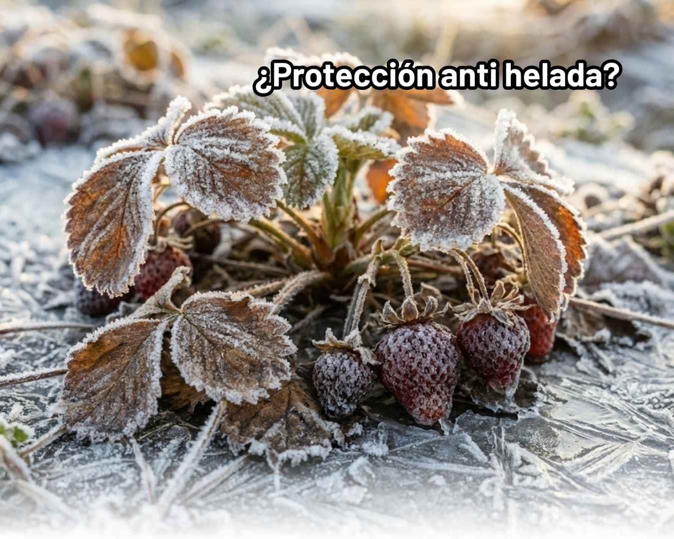 Campo de cultivo cubierto de escarcha blanca y hielo debido a una helada intensa al amanecer, demostrando la necesidad de aplicar un antihelada agrícola para evitar el riesgo de pérdida de cosecha.