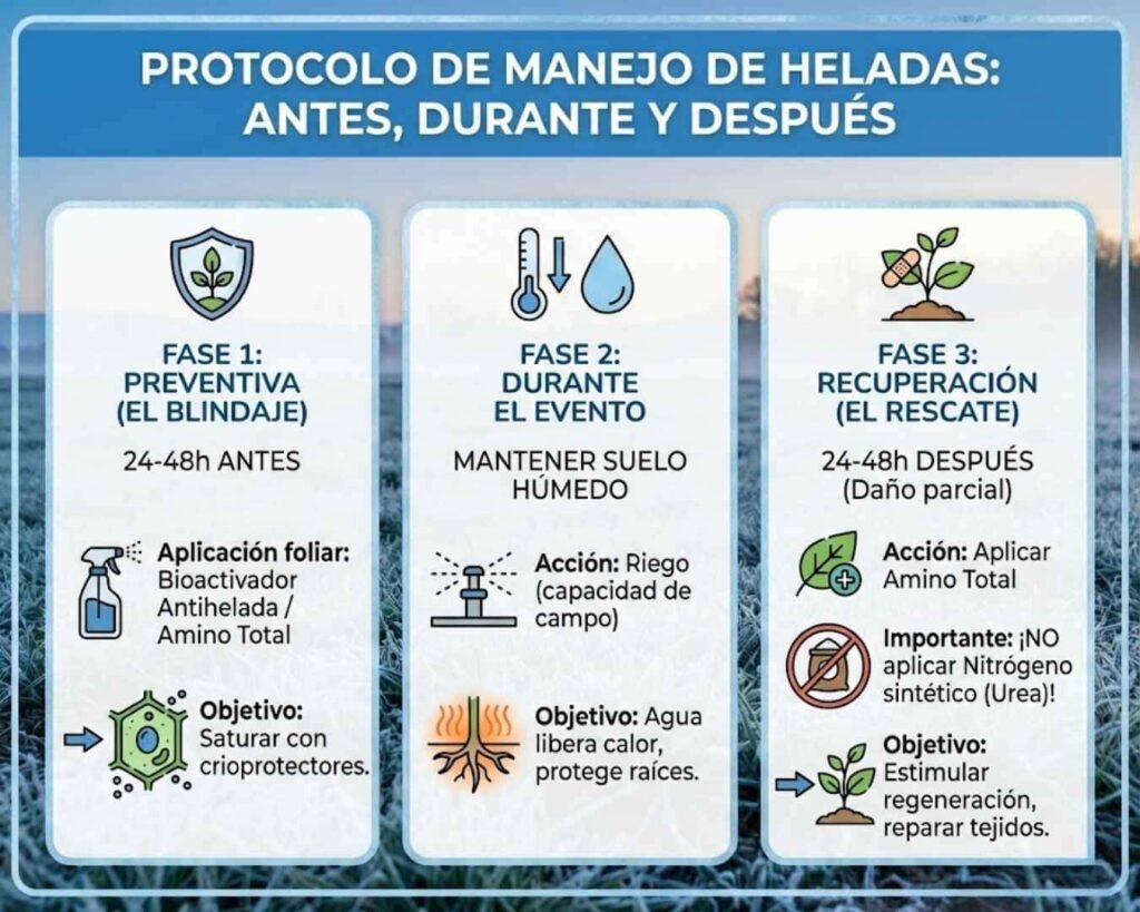 Infografía de protocolo de manejo de heladas agrícolas en tres fases: preventiva (uso de crioprotectores/aminoácidos), durante el evento (riego por calor latente) y recuperación post-helada (regeneración de tejidos evitando Nitrógeno sintético).