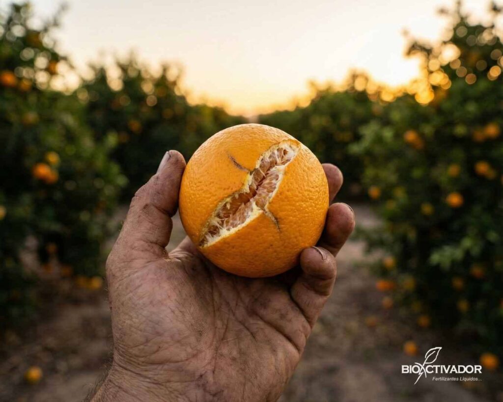 Primer plano de naranja con rajadura severa (cracking) en la cáscara, síntoma visual de deficiencia de Calcio (Ca) y fluctuaciones drásticas de riego (estrés hídrico) en cítricos.