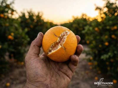 Primer plano de naranja con rajadura severa (cracking) en la cáscara, síntoma visual de deficiencia de Calcio (Ca) y fluctuaciones drásticas de riego (estrés hídrico) en cítricos.