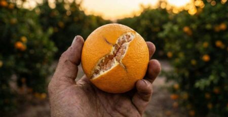 Primer plano de naranja con rajadura severa (cracking) en la cáscara, síntoma visual de deficiencia de Calcio (Ca) y fluctuaciones drásticas de riego (estrés hídrico) en cítricos.