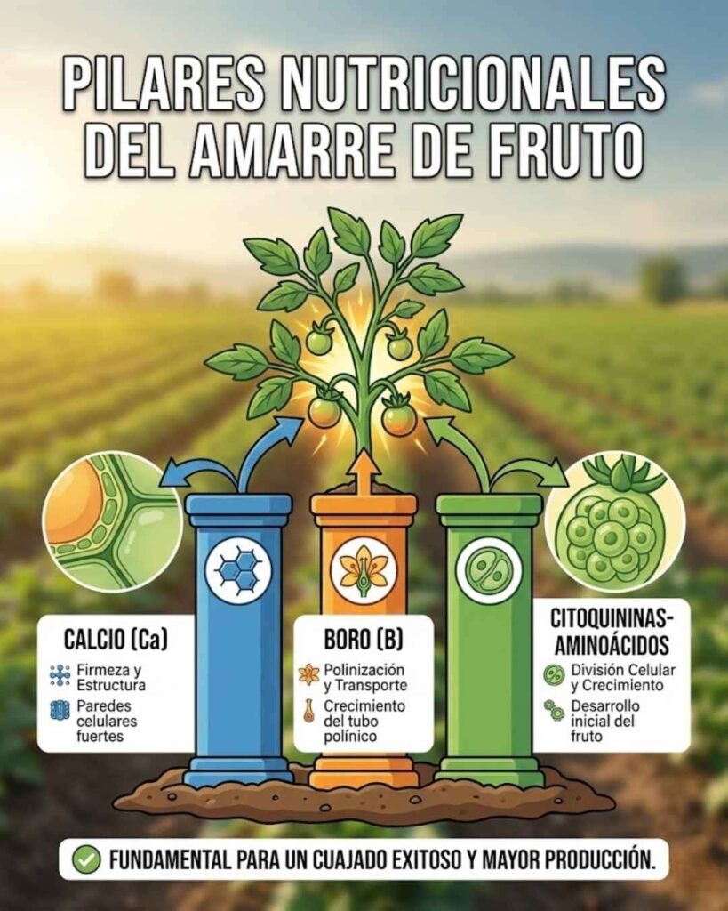Infografía de los 3 pilares nutricionales para el amarre y cuajado de fruto: Calcio (firmeza), Boro (polinización) y Citoquininas con Aminoácidos (división celular y crecimiento inicial).