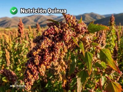 Primer plano de una panoja de quinua madura, densa y de color intenso en campo, resultado de una correcta fertilización para quinua para obtener una cosecha de alta calidad y grado de exportación.