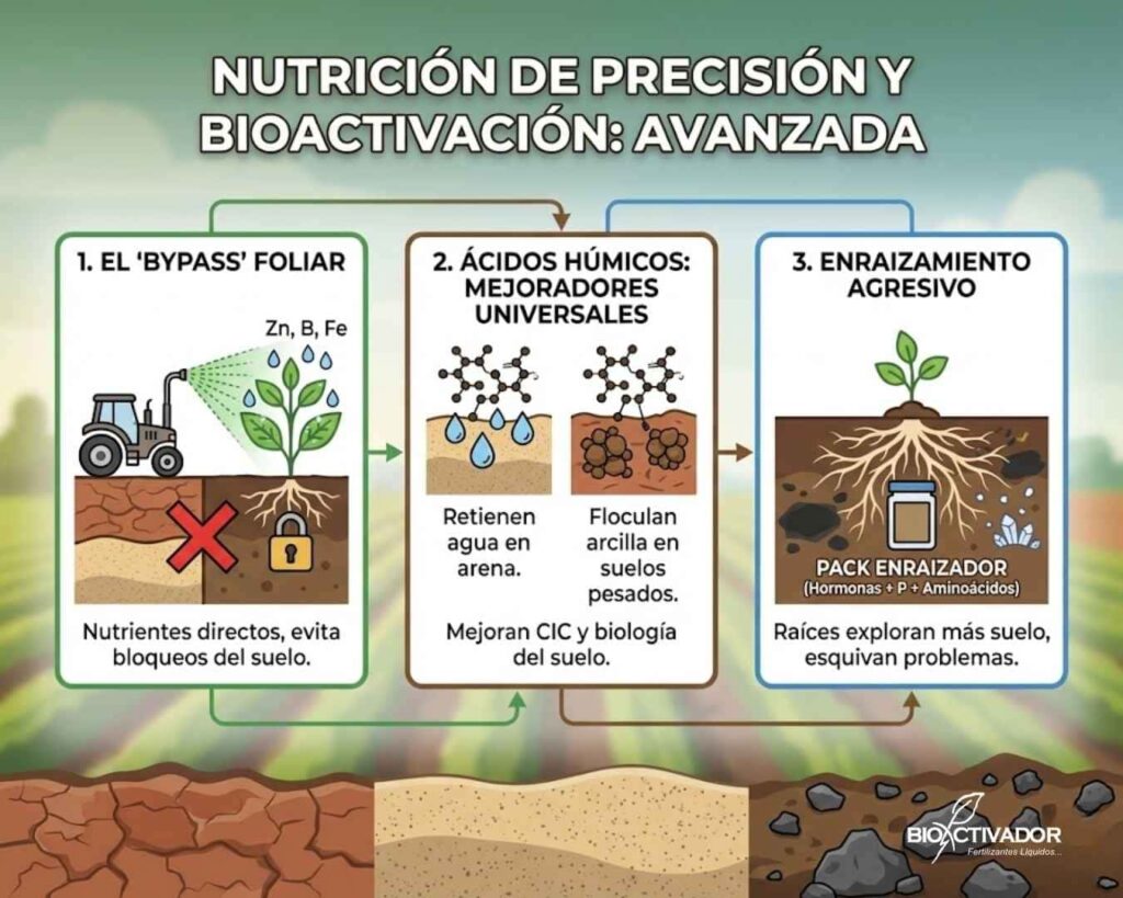 Infografía de estrategias de nutrición de precisión para suelos limitantes: fertilización foliar (efecto bypass de bloqueos), aplicación de ácidos húmicos (mejoradores de CIC y estructura) y estimulación del enraizamiento agresivo para explorar mayor volumen de suelo.